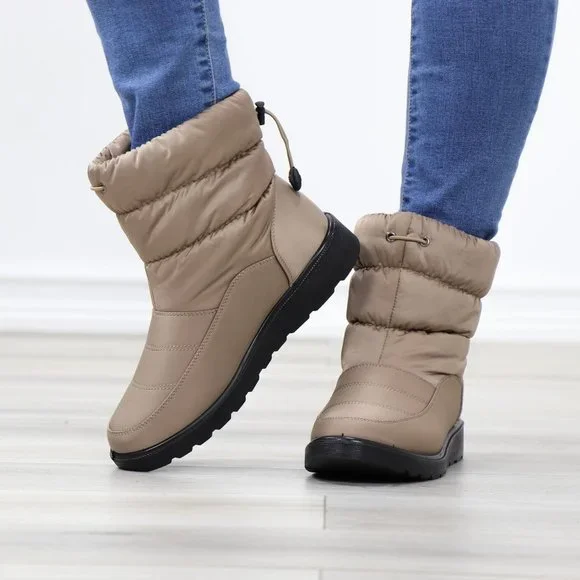 Taupe Rain Ankle Boots Weather Resistant Warm Synthetic Fluff Inside - Picture 11 of 13